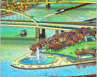 Puede incluir: Una ilustración colorida de un horizonte de ciudad con una fuente en primer plano. La ciudad está en una colina con vistas a un río con varios puentes. Hay barcos en el río y árboles en el fondo.