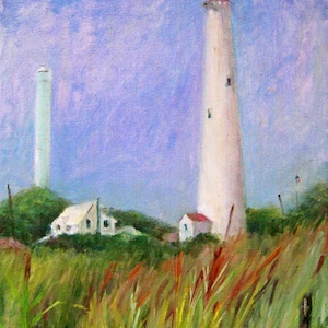 May include: A painting of two lighthouses on a grassy hill with a blue sky in the background. The lighthouse on the right is taller and has a red roof. The lighthouse on the left is shorter and has a white roof. The grass is green and brown and there are some red flowers in the foreground.