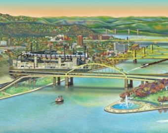 Puede incluir: Una ilustración colorida de un horizonte urbano con un estadio de fútbol, puentes y un río. El estadio es amarillo y rojo con un campo verde. Los puentes son amarillos y cruzan el río azul. La ciudad está llena de edificios y árboles.