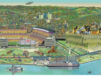 Puede incluir: Una ilustración de Heinz Field, hogar de los Pittsburgh Steelers, con una vista del horizonte de la ciudad en el fondo. El estadio está rodeado de árboles verdes y un río. Un barco de vapor está atracado en el río. La imagen está en un estilo de dibujos animados.