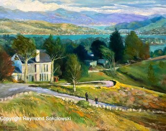 FREE SHIPPING. San Franciso, California Landscape, East Bay View, painting by Ray Sokolowski; signed prints in 3 sizes.