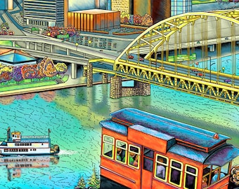 Puede incluir: Un puente amarillo cruza un río con un tranvía rojo y azul en el lado derecho de la imagen. Un barco fluvial blanco se encuentra en el lado izquierdo de la imagen. El puente está sobre una autopista con coches circulando por ella. El río es azul y verde con líneas blancas. El fondo es un horizonte urbano con edificios y árboles.