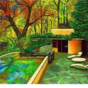 Frank Lloyd Wright Fallingwater™ Guest House, Laurel Mountains, PA print in 3 sizes, drawing by Kathy Rooney