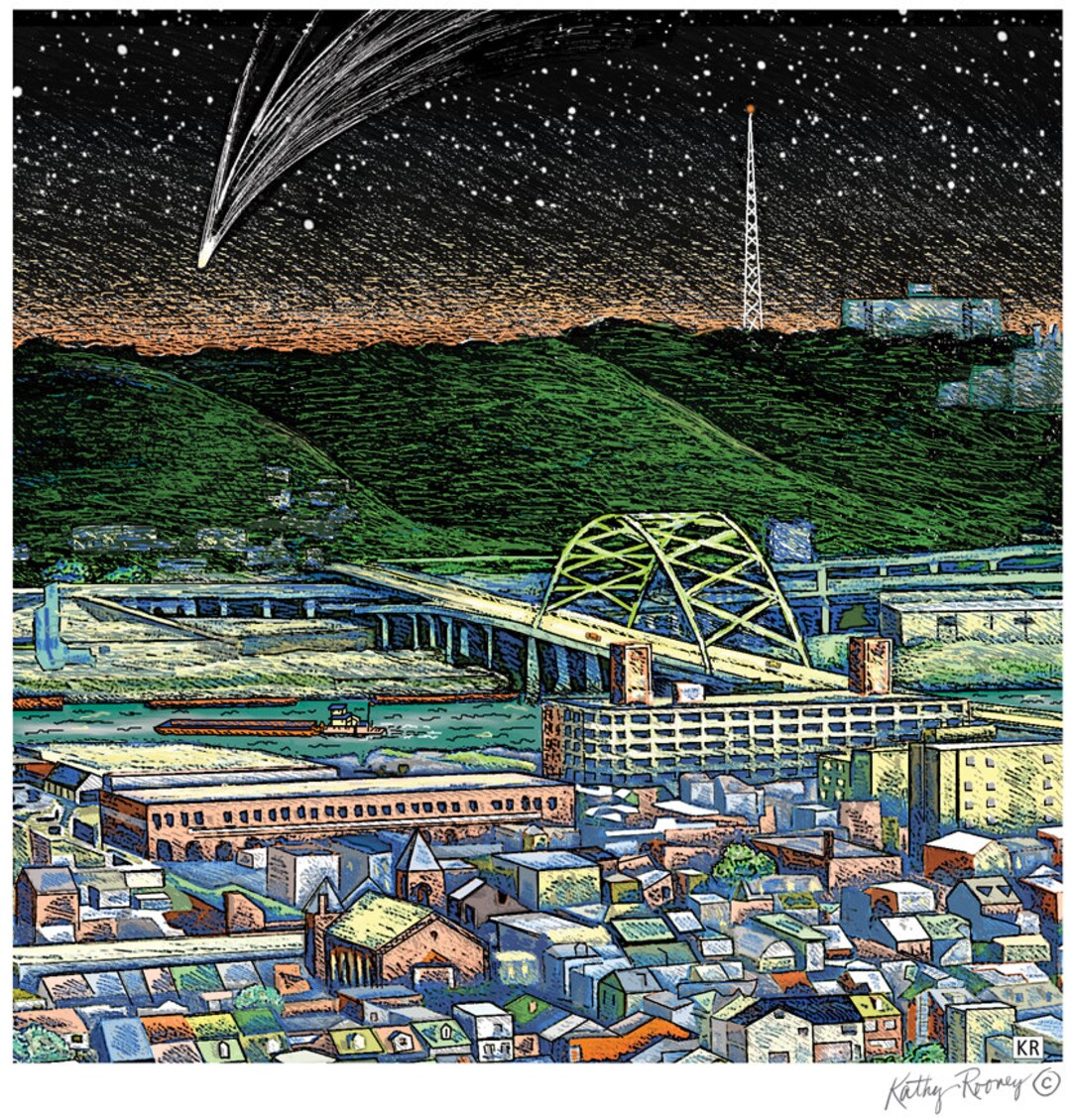 FREE SHIPPING. Pittsburgh Landscape, South Side Starry Night Sky Comet