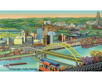 May include: A colorful illustration of the Pittsburgh skyline, featuring the city's iconic bridges, buildings, and landmarks. The image includes the yellow  'Roberto Clemente Bridge', the 'Heinz Field' stadium, and the 'University of Pittsburgh Medical Center' (UPMC) building. The illustration is set against a backdrop of rolling hills and a river.