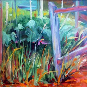 May include: A painting of a fence post in a field of tall grass. The fence post is painted a light blue color and the grass is a vibrant green with hints of orange and yellow.