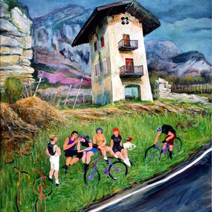 Italy, Italian Alps Landscape, haystacks,Bicyclists, Brenner Pass; prints 2 Sizes. Painting by Ray Sokolowski.