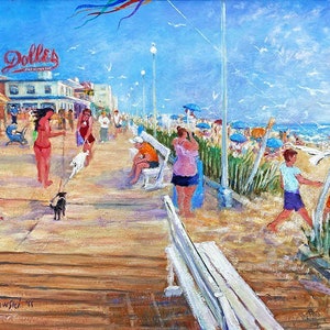 FREE SHIPPING. Rehoboth Beach, girl in bathing suit,Boardwalk,old Dolles, kite,dogs,bandstand.prints in 3 sizes,by Ray Sokolowski