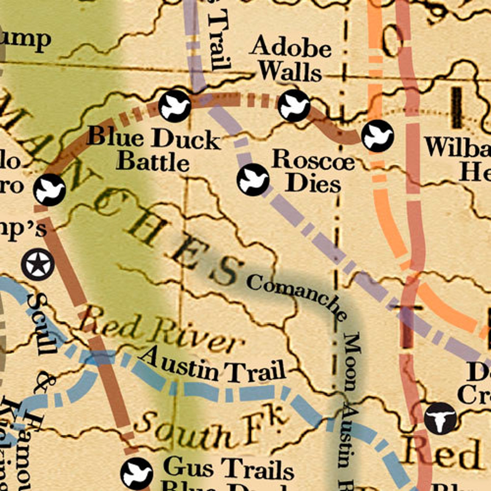 the-great-lonesome-dove-comanche-moon-trails-map-print-etsy