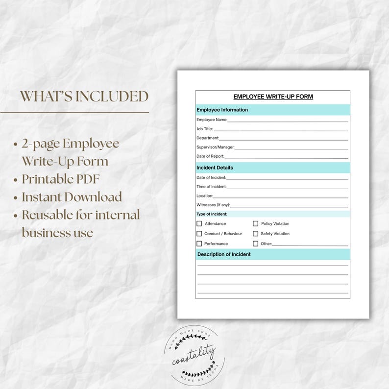 Store Write Up Form Employee Write-up Form Template (printable PDF) - Etsy