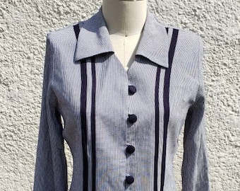 1980s &quot;Meryl&quot; Mini Blue and White Houndstooth Jacket with Stripe Details