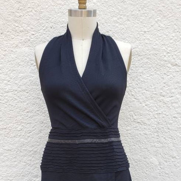 1980s "Jo" Black Knit Faux Wrap Dress with Ribbed Waist