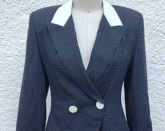1980s &quot;Lynn&quot; Black and White Polka Dot Double Breasted Blazer Size 6