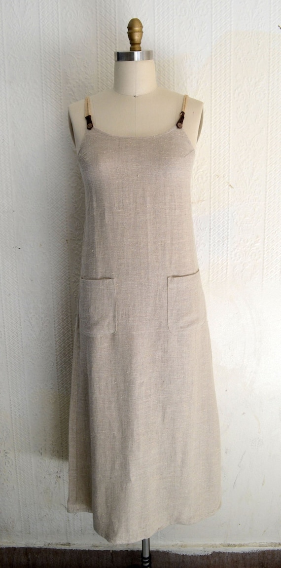 1980s Hettie Tan Linen Strappy Maxi Dress
