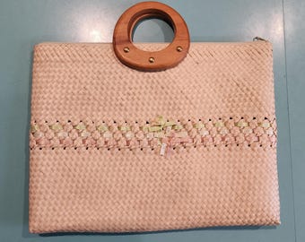 1960s "Joy" Natural Straw Tote with Ribbon Detail and Wood Handle