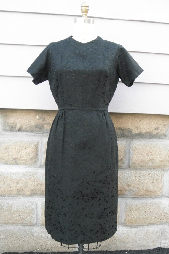 1960s "Eve" Black Floral Brocade Short Sleeve Dre… - image 1