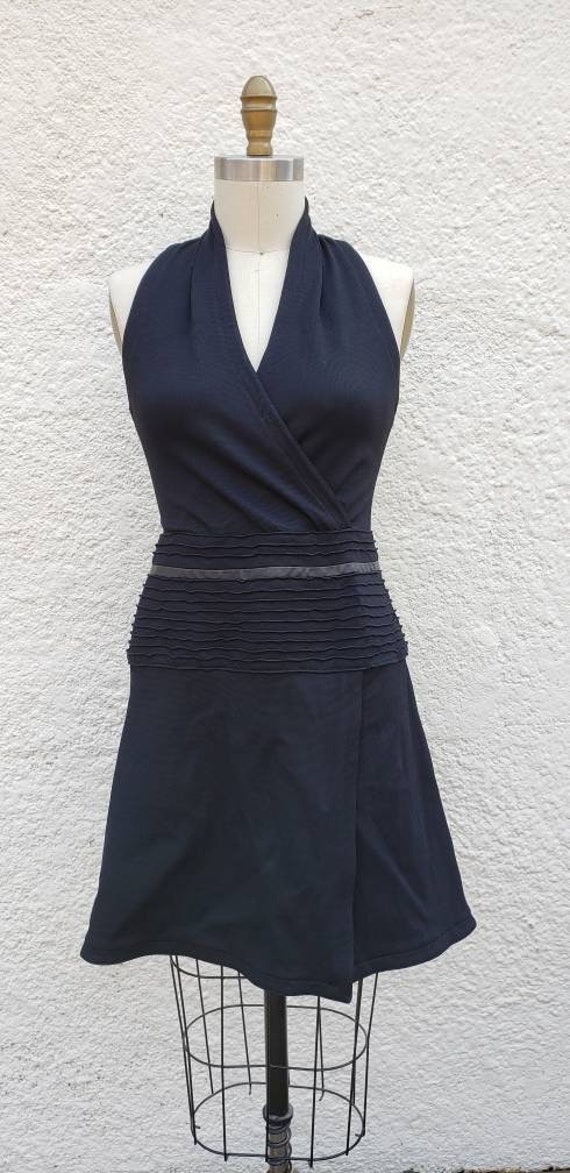 1980s "Jo" Black Knit Faux Wrap Dress with Ribbed 