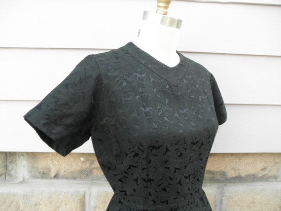 1960s "Eve" Black Floral Brocade Short Sleeve Dre… - image 4