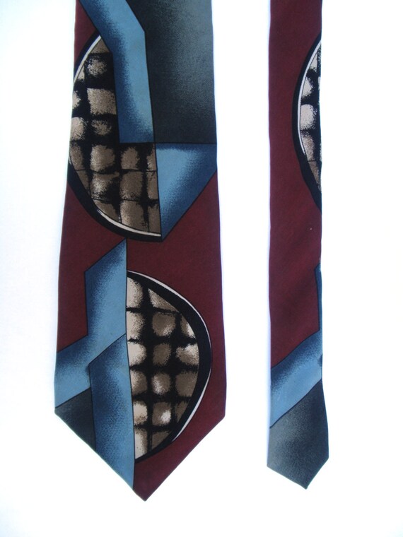 1990s "Oscar" Maroon and Blue Mixed Print Necktie - image 3