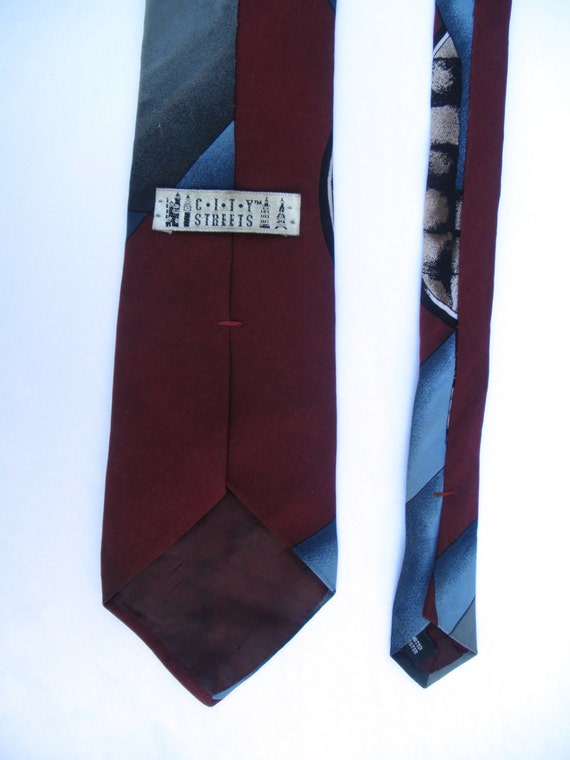 1990s "Oscar" Maroon and Blue Mixed Print Necktie - image 4