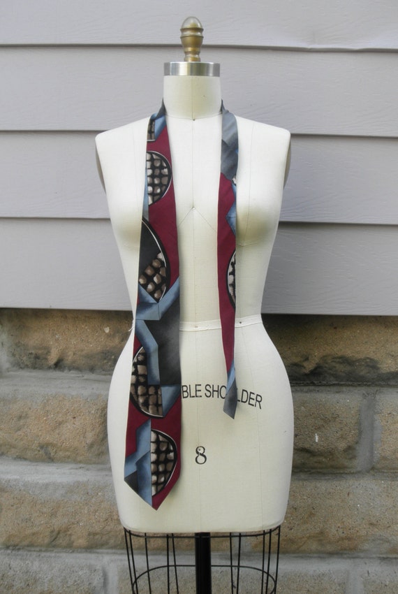 1990s "Oscar" Maroon and Blue Mixed Print Necktie - image 2