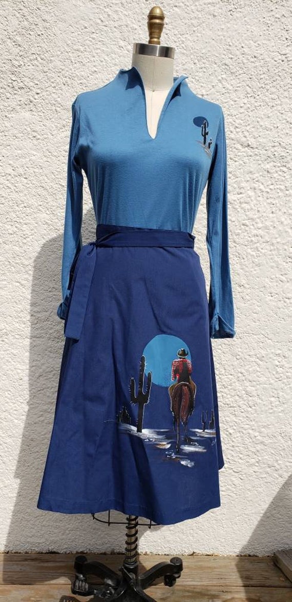1970s "Blythe" Blue Western Wrap Skirt and Knit To