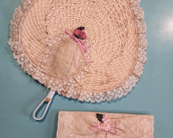 1950s "Edie" Palm Leaf Lace Hand Fan with Burlap Lace Clutch Set