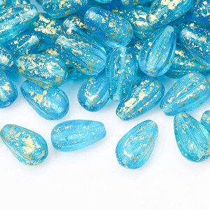 Melon Drops 13×8mm Aquamarine Splash Gold Czech Beads