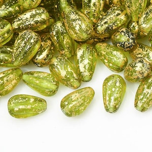 Perles tchèques Melon Drops 13×8 mm Gold Splash Olivine