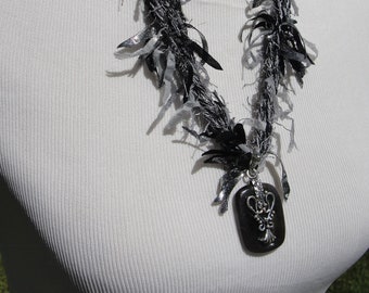 Beautiful Handmade Yarn Necklace in Black, Gray and Silver with a Beautiful Jasper Pendant