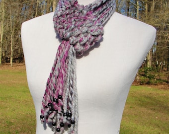 Soft and Warm Chunky Hand Knit Winter Scarf in Shades of Gray and Purple with Matching Wooden Beads