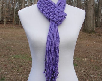 Soft and Warm Hand Knit Chunky Scarf in Purple with Black Wooden Beads