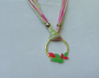 Wonderful Handmade Summertime Yarn Necklace in Shades of Pink and Green with Matching Pendant