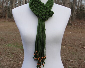 Soft and Warm Dark Olive Green Chunky Hand Knit Scarf with Long Beaded Fringe