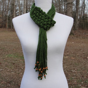 Soft and Warm Dark Olive Green Chunky Hand Knit Scarf with Long Beaded Fringe