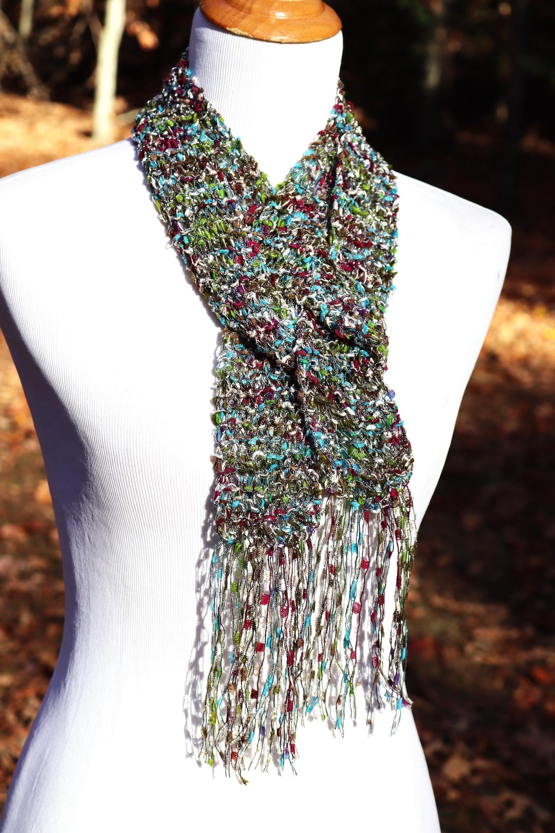 Long Hand Knit Scarf in Fall Colors of Brown, Green Blue and White With ...