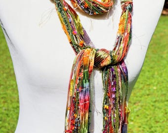 Hand Knotted Fashion Scarf in Vibrant Shades of Green, Blue, Brown, Rust and Purple with Lots of Gold Sparkle