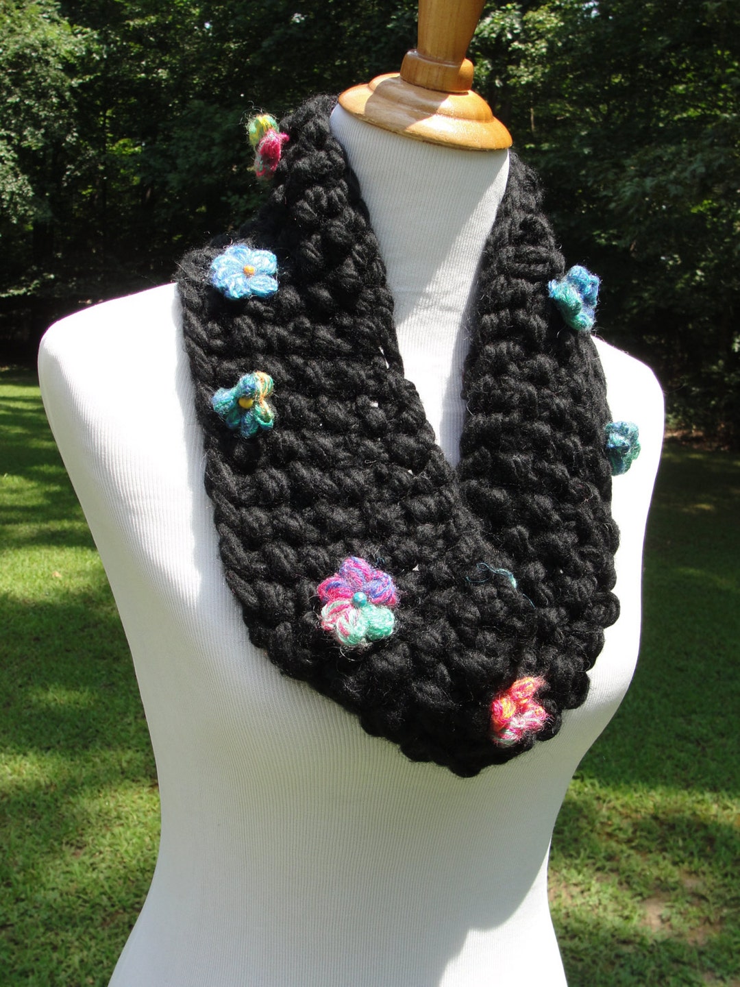 Unique Chunky Black Hand Knit Infinity Scarf Adorned With Multicolored ...