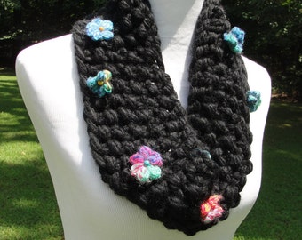 Unique Chunky Black Hand Knit Infinity Scarf Adorned with Multicolored "Poppies"