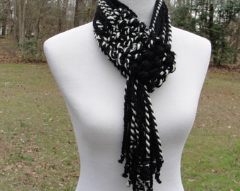 Soft and Warm Hand Knit Scarf in Shades of Black and White