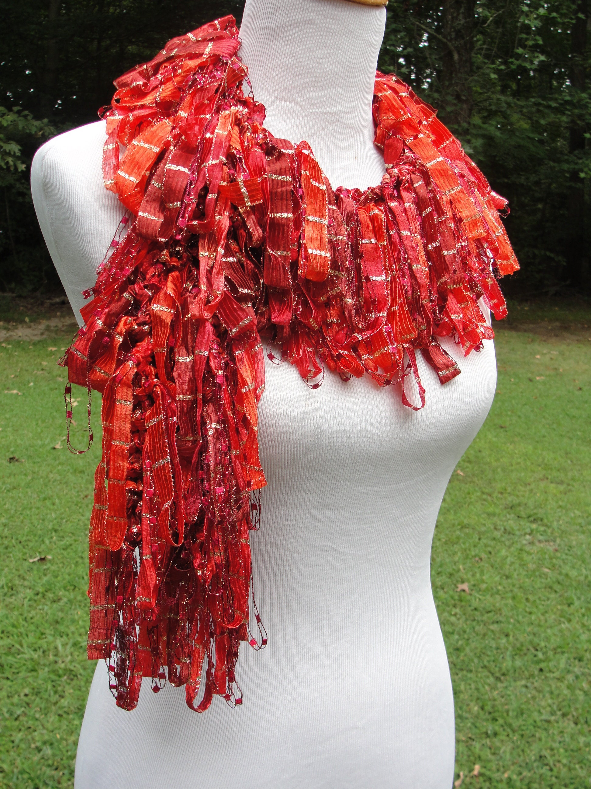 Versatile Hand Knit Fashion Scarf in Vibrant Shades of Red With Gold ...