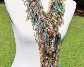 Hand Knit Fashion Scarf in Shades of Olive Green, Turquoise and Pink with Lots of Silver Sparkle