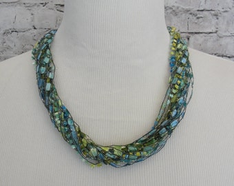 Handmade Yarn Necklace in Shades of Blue, Green and Silver