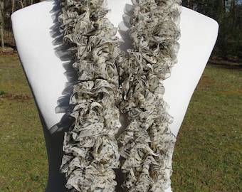 Fancy Hand Knit Ruffled Scarf with a Beige and Brown Animal Print Design