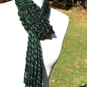 Soft and Warm Dark Green and Black Chunky Hand Knit Scarf with Long Beaded Fringe