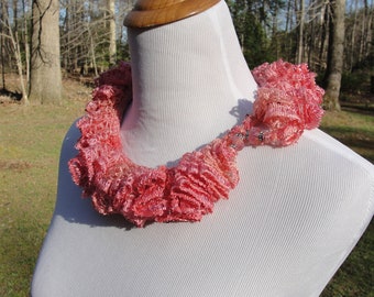 Hand Knit Peach Ruffled Scarf with Sequins and Matching Decorative Beads