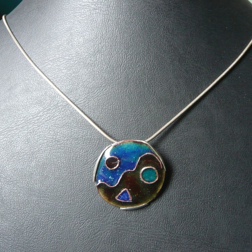 Shops Earth and Sea pendant. Enameled copper set on sterling silver. Copper cloisonne.
