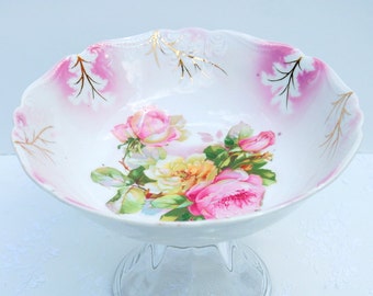 Vintage  Pink Roses Pedestal Serving  Bowl. Shabby Chic or Cottage Decor,Tea Party, Bridal shower, Housewarming gift, Birthday Gift.