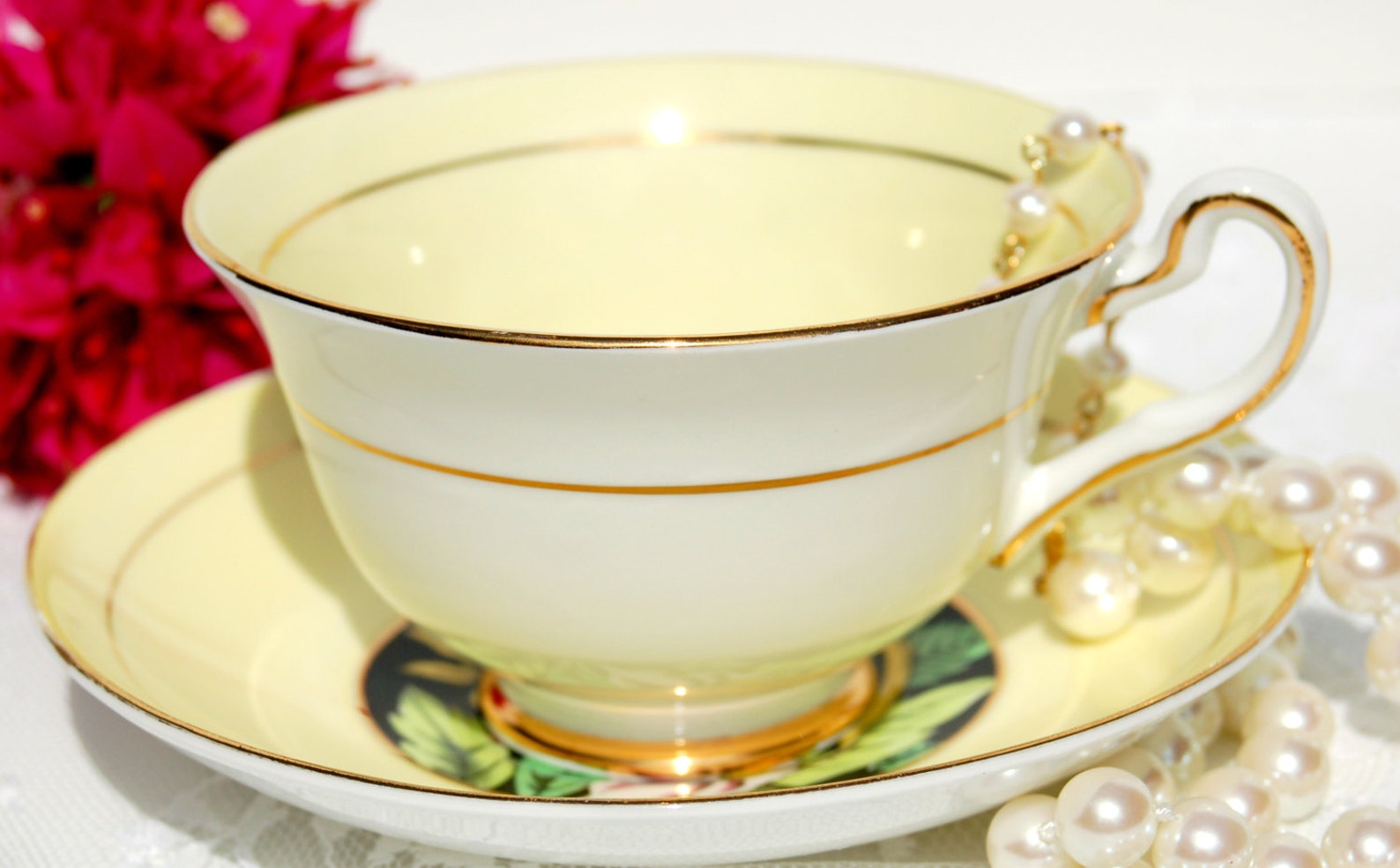 Antique English Tea Cup and Saucer. Fine Bone China Tea Set. Yellow