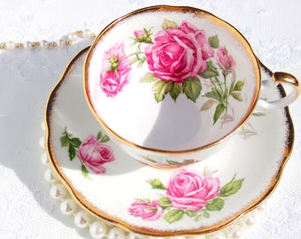 Antique English Tea Cup and Saucer.  Pink Roses Tea Cup, Fine Bone China made in England Tea Set. Tea Party, Bridal Shower, Favor, Gift